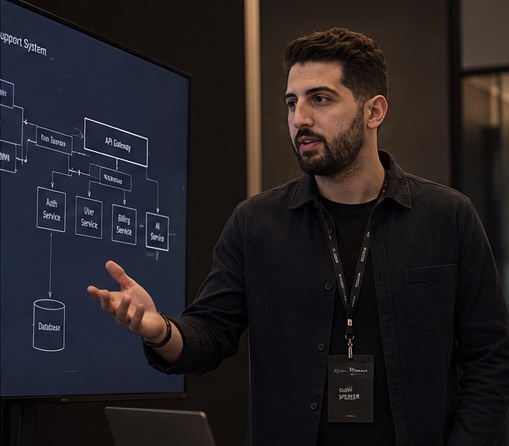 Ayman Sbeiti presenting a system architecture diagram